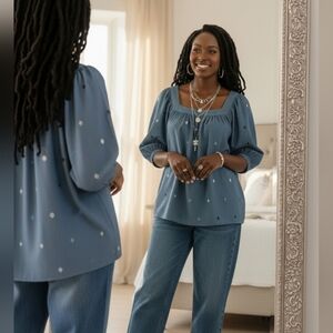 Casual 2X Boho Chic Cottage Prairie Babydoll Chambray Denim Pullover Top New